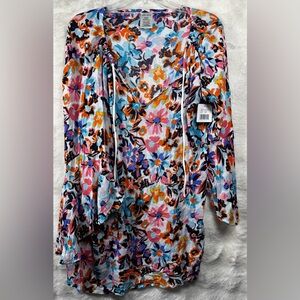 V-Neck Long Sleeve Floral Tunic Dress - Multicolor